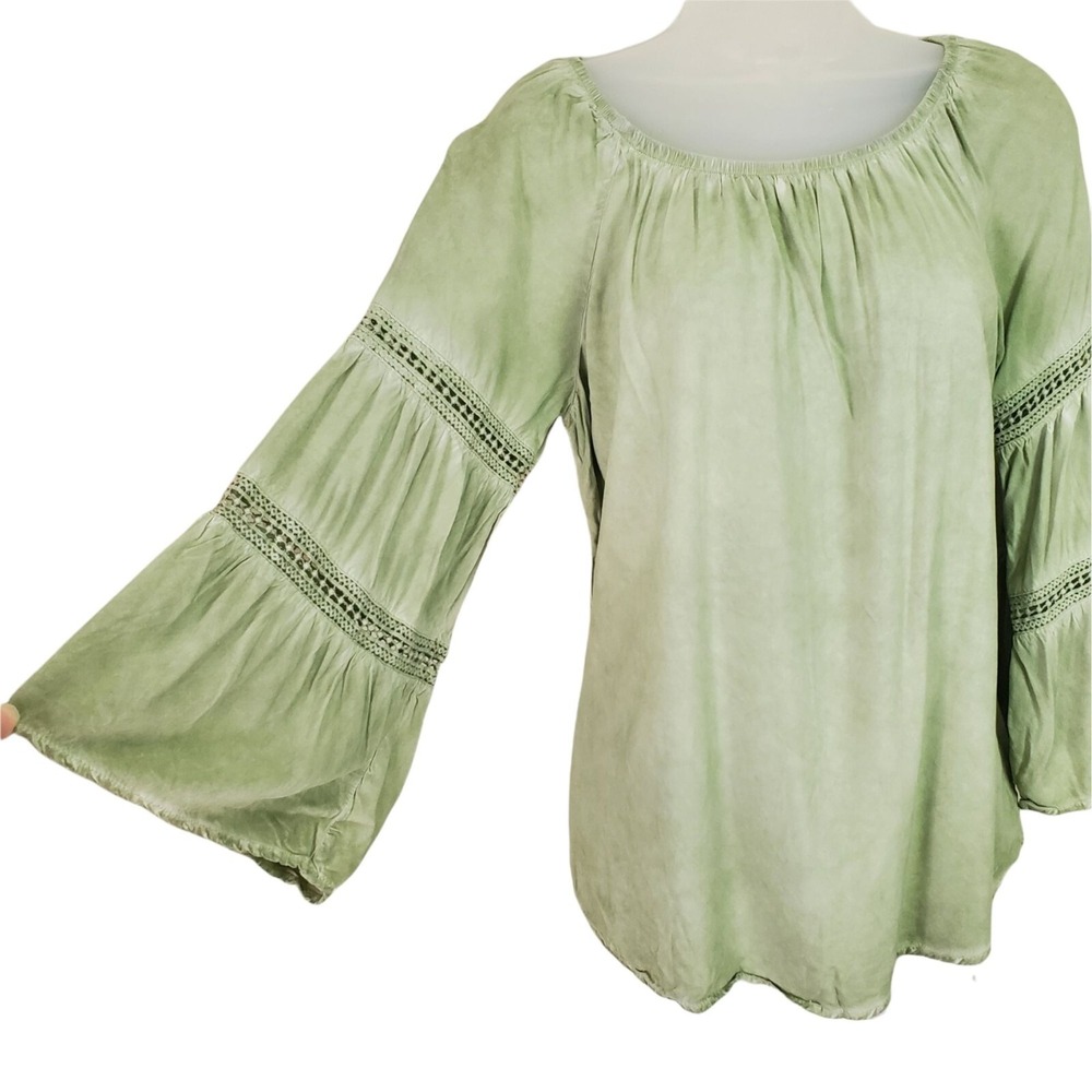 Spense Women Cottage Fairy Romantic Blouse S Top Sage Green Crochet Bell Sleeve